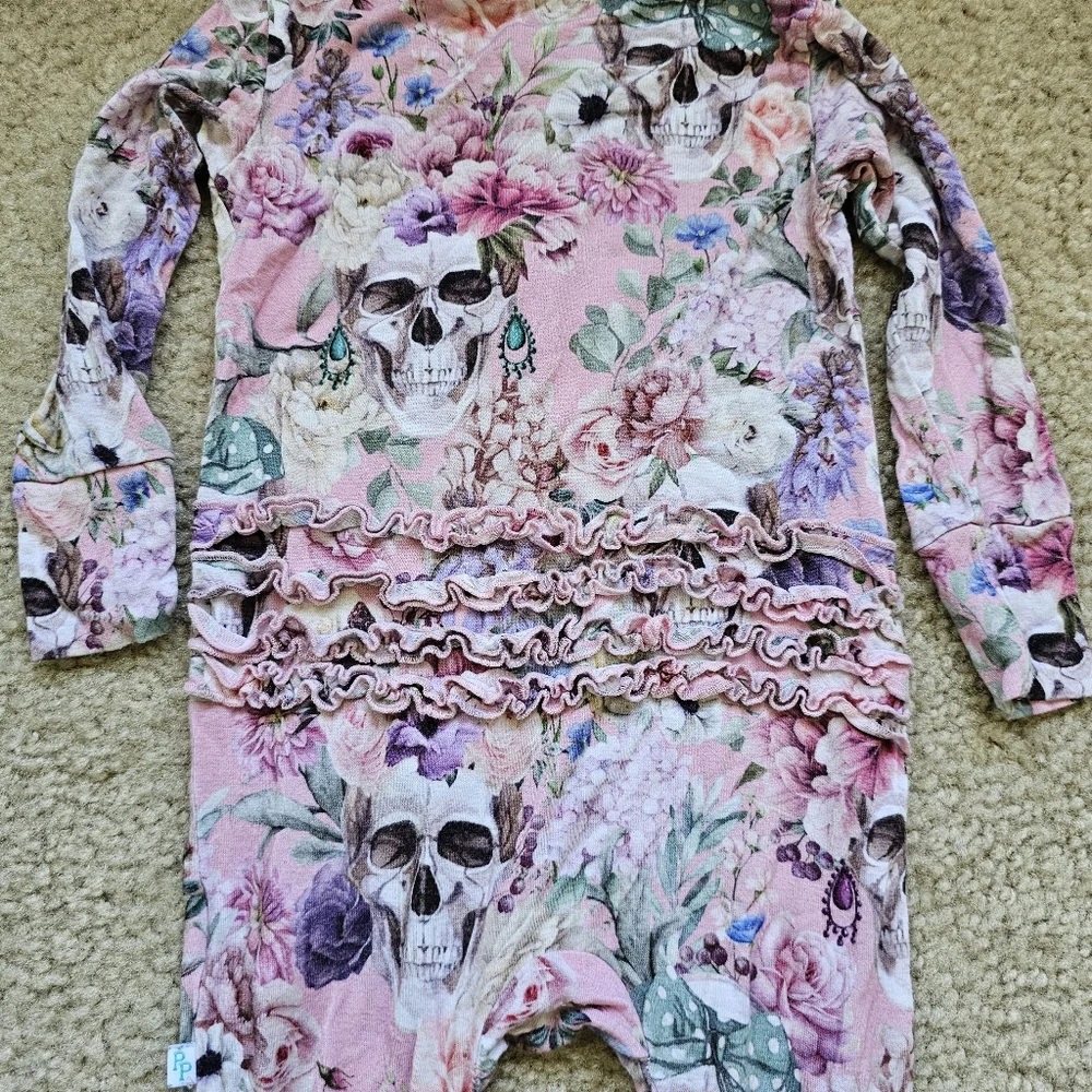 Posh Peanut bamboo one piece footie pink floral skulls ruffles size 18-24 months